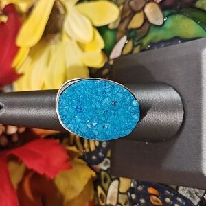 Calcite Blue Dyed (Druzy) 925 Silver Gemstone Ring - Size 8 1/2